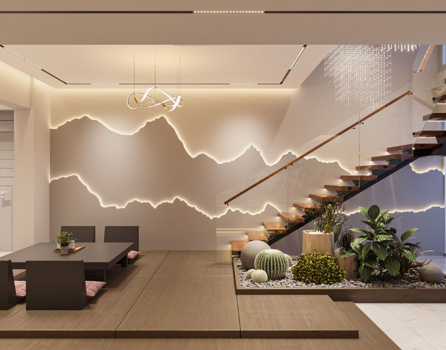 image-displays-a-modern-dining-room-with-a-unique-artistic-feature-wall-that-has-built-in-lighting-that-follows-a-jagged-design-reminiscent-of-mountain-peaks